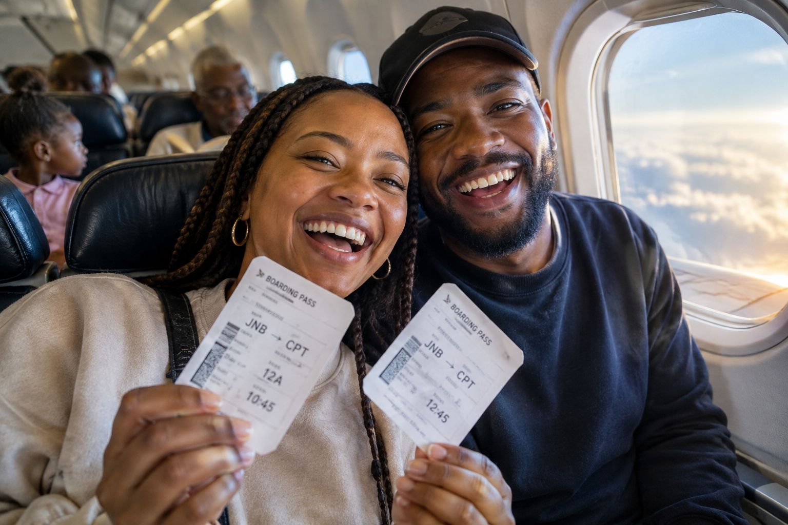 A smiling couple on a plane holding their boarding passes from Johannesburg to Cape Town
